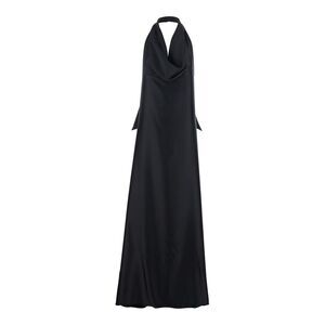 Plain Women Black Long Dress With Halter Neck And Open Back In Fabric Woman